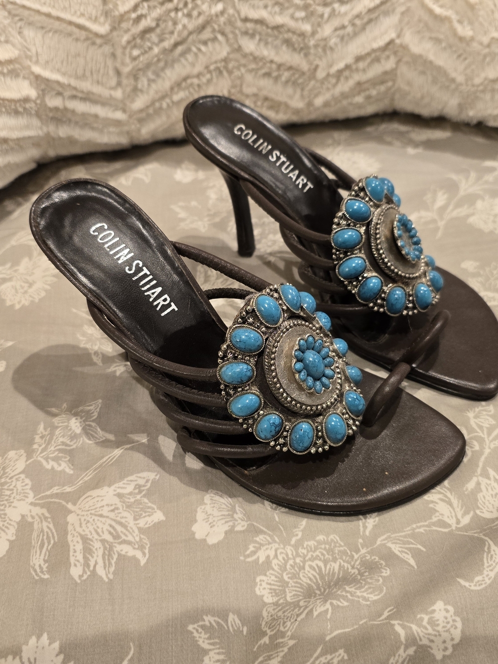 Colin Stuart Dark Brown Heeled Sandals with Turquoise Stone Rosettes